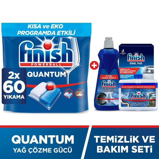 FINISH Quantum Hepsi Bir Arada 120 Kapsül Bulaşık Makinesi Deterjanı Tableti (60x2) + Temizlik ve Bakım Seti