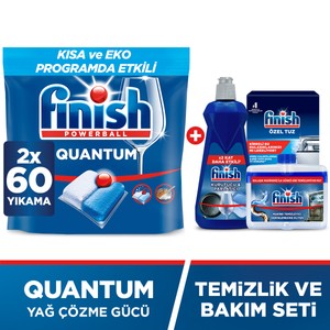 FINISH Quantum Hepsi Bir Arada 120 Kapsül Bulaşık Makinesi Deterjanı Tableti (60x2) + Temizlik ve Bakım Seti