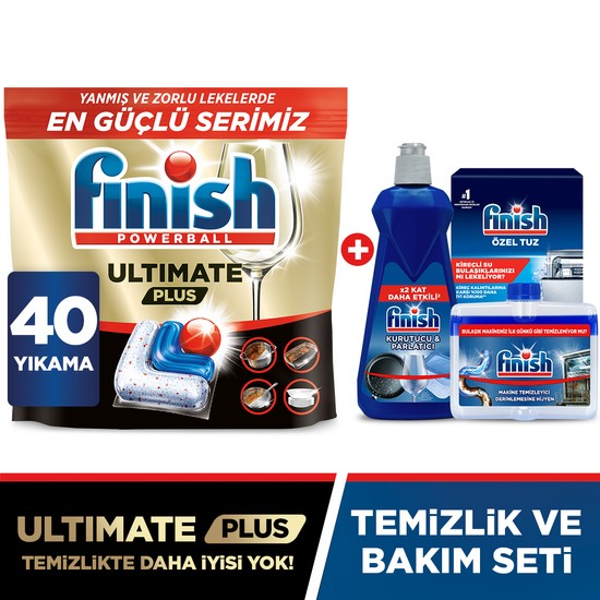 FINISH ULTIMATE Plus 40 Kapsül Hepsi Bir Arada Bulaşık Makinesi Tableti + Temizlik Bakım Seti