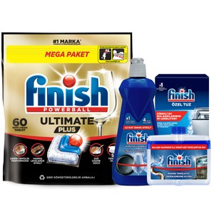 FINISH ULTIMATE Plus 60 Kapsül Hepsi Bir Arada Bulaşık Makinesi Tableti + Temizlik Bakım Seti
